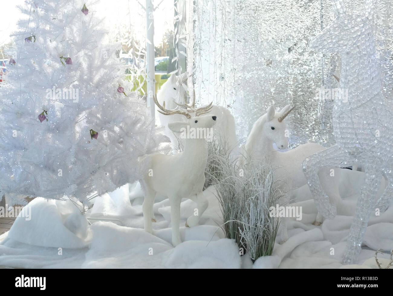 Silver and white Christmas display in foyer of UK garden centre Stock Photo