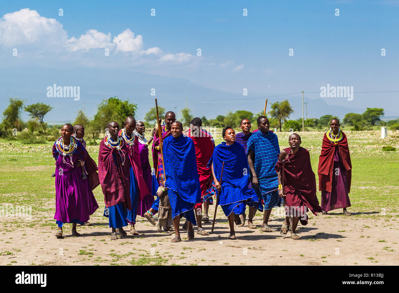 Arusha, Tanzania -January 24, 2018 - Traditional Masai dance performed for tourists near Arusha, Tanzania. Stock Photo