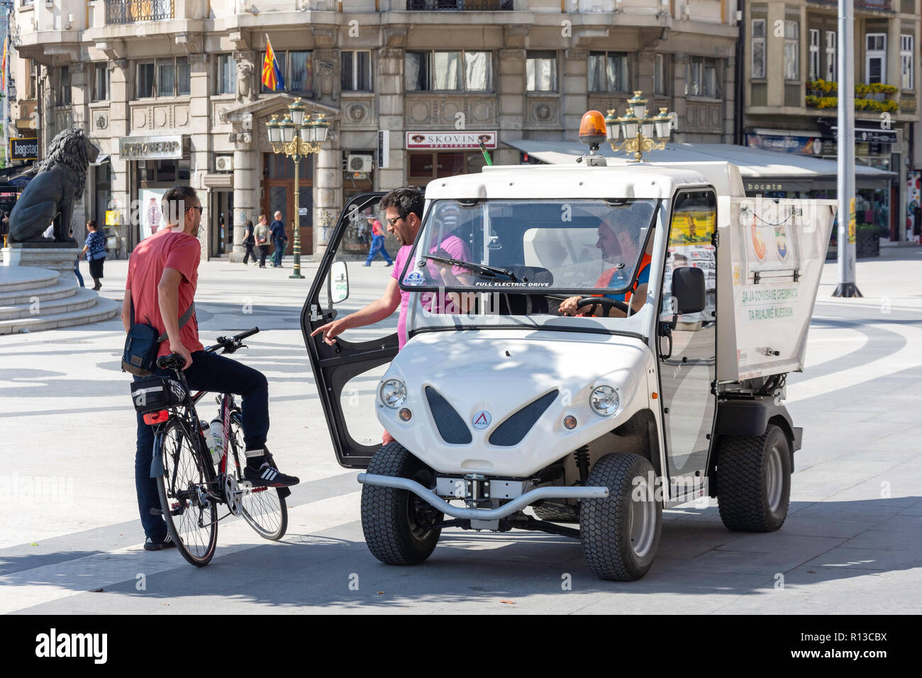 Council electric car in Macedonia Square, Skopje, Skopje Region, Republic of North Macedonia Stock Photo