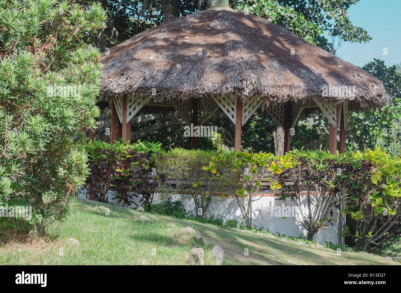 Traditional gazebo roofed in palm tree mountains to enjoy the cool