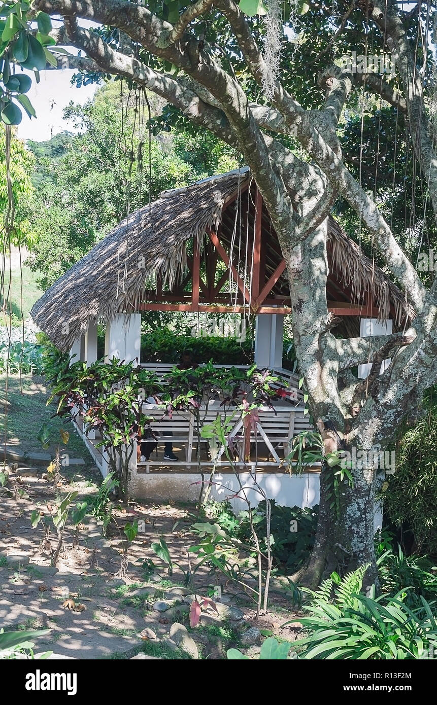 Traditional gazebo roofed in palm tree mountains to enjoy the cool breeze and landscape, Dominican Republic, Santiago Stock Photo