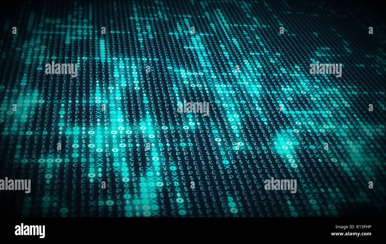Bright blue glowing crypto coin symbols appear on currencies data stream  grid Stock Photo - Alamy