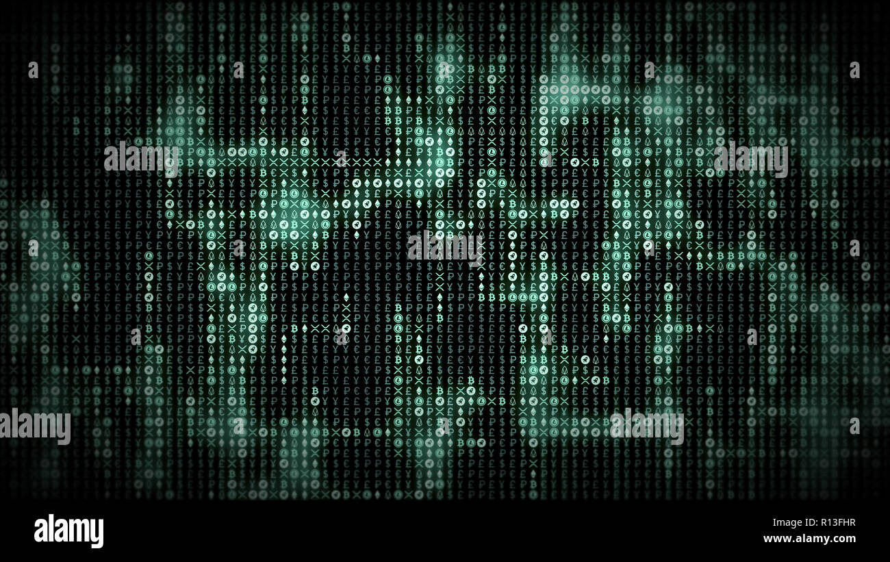 Bright blue glowing crypto coin symbols appear on currencies data stream  grid Stock Photo - Alamy