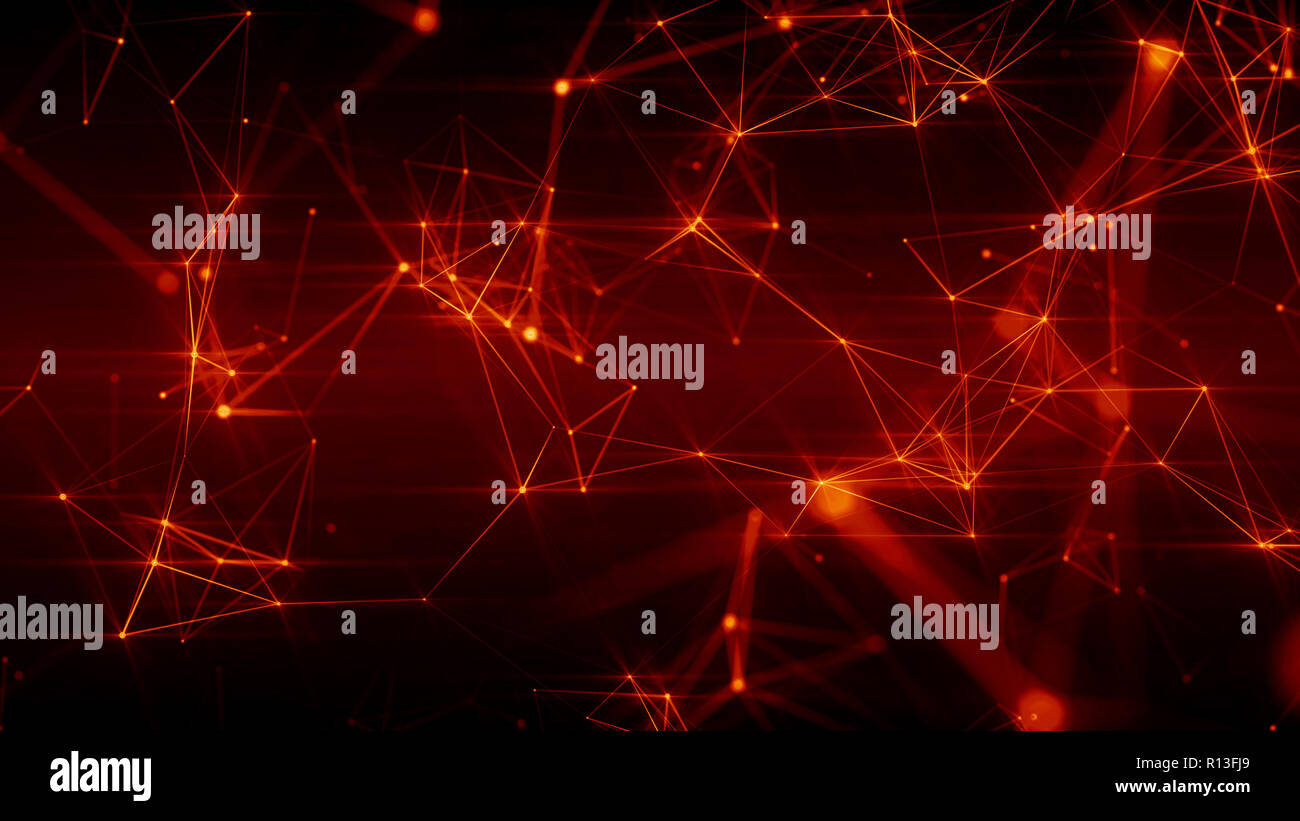 Abstract futuristic 3D illustration of fiery red surface with connecting dots Stock Photo