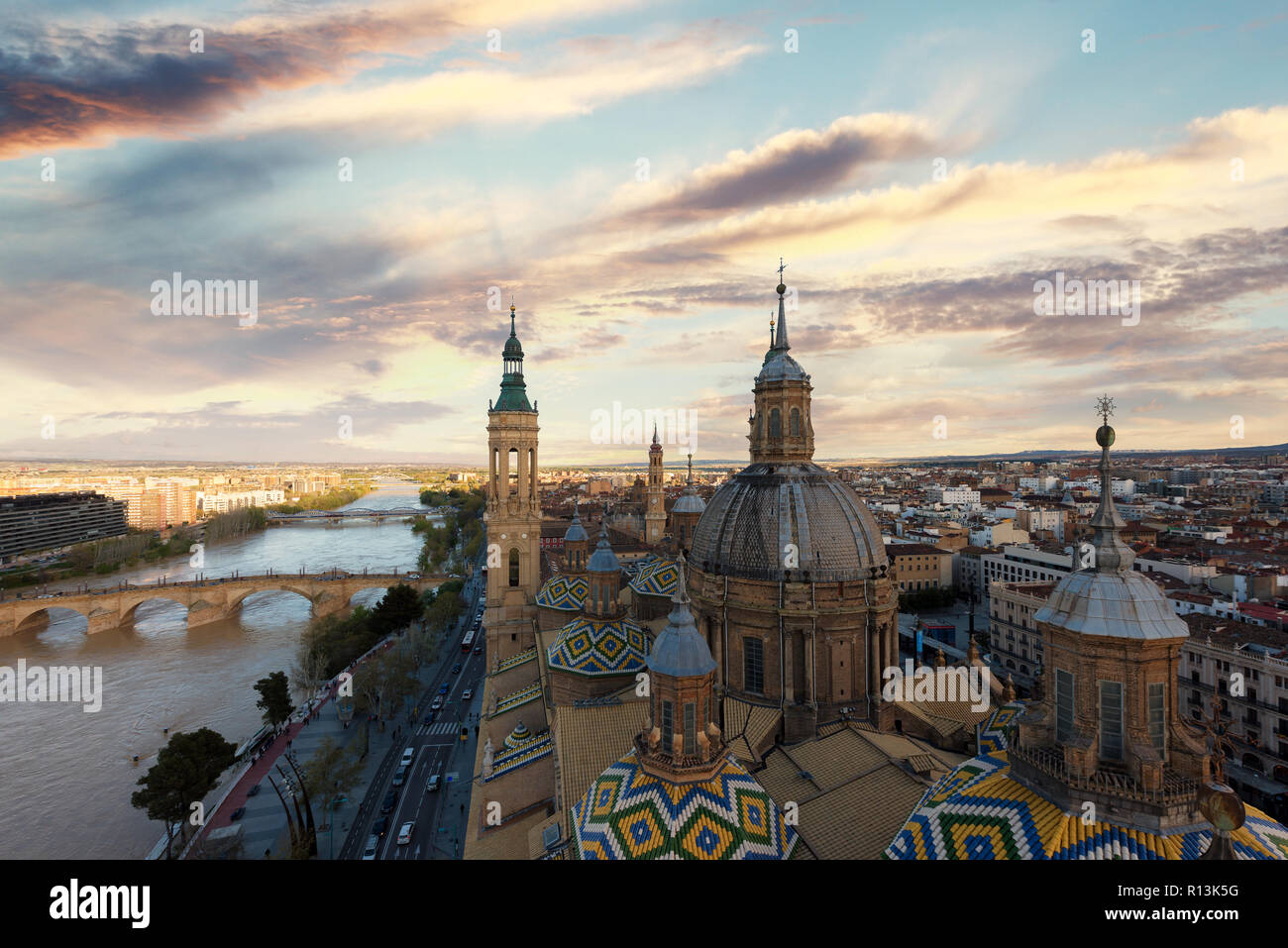 A beautiful view of Zaragoza, in Spain, from one of the towers of the Pilar Basilica near to Ebro river. A huge cathedral near to the river is the mos Stock Photo