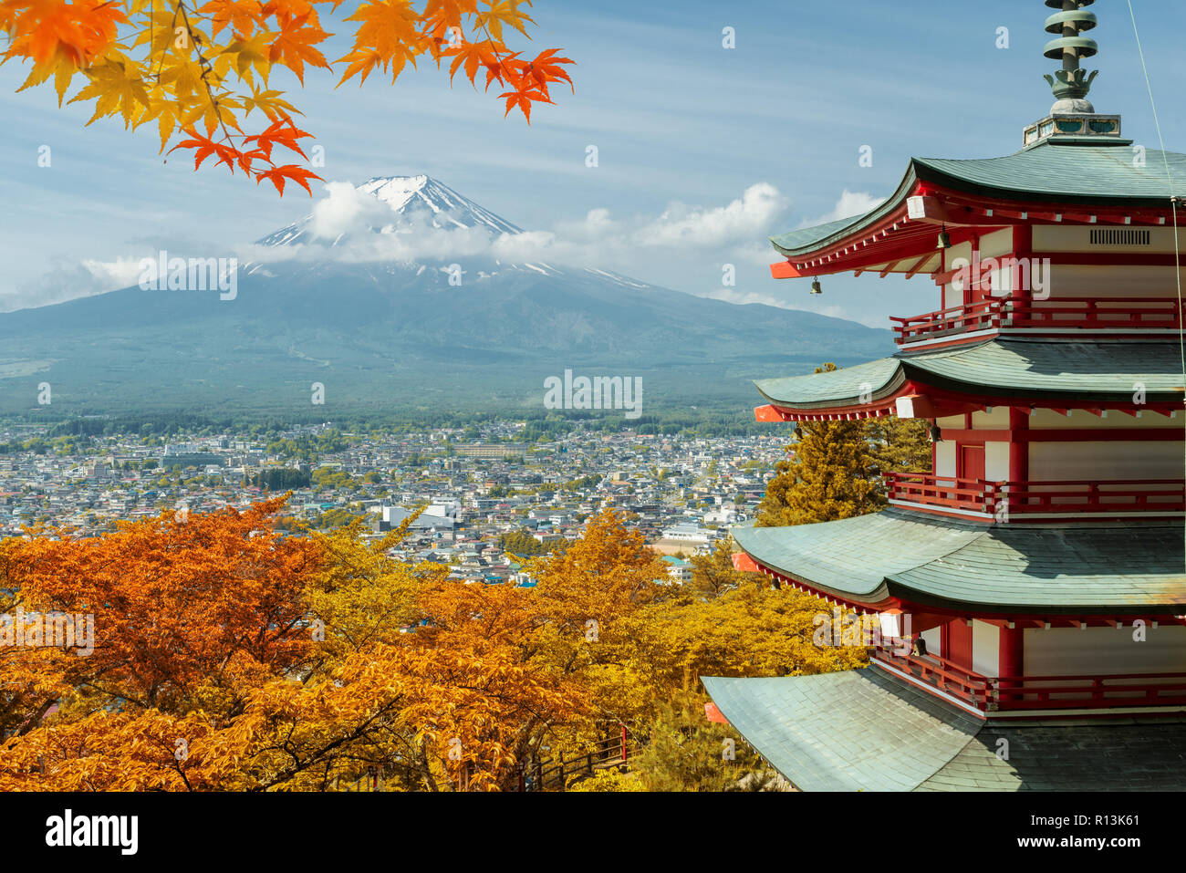 Mt. Fuji and red pagoda with autumn colors in  Japan,  Japan autumn season. Stock Photo