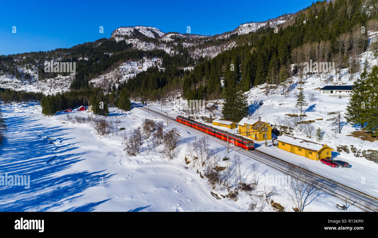 Train Oslo - Bergen in mountains. Hordaland, Norway. Stock Photo