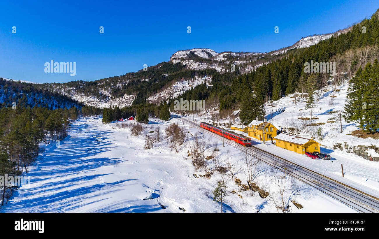 Train Oslo - Bergen in mountains. Hordaland, Norway. Stock Photo