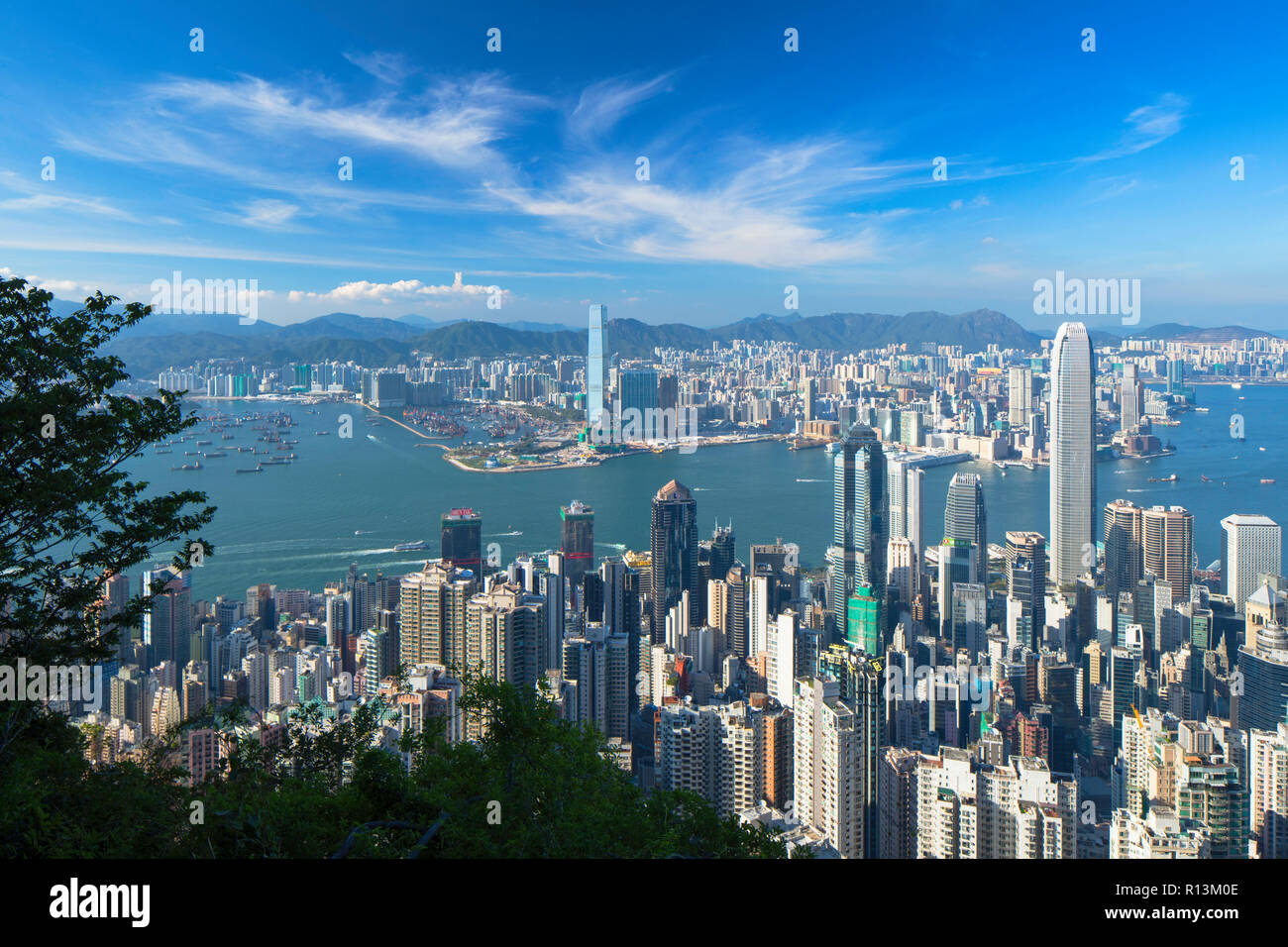 Skyline of Hong Kong Island and Kowloon from Victoria Peak, Hong Kong Island, Hong Kong Stock Photo