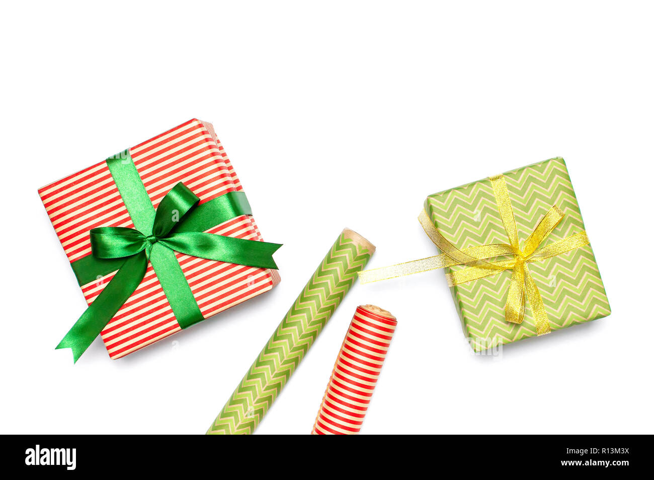 Scissors, Tape, Ribbon And Wrapping Paper On A Gift Box. Focus On