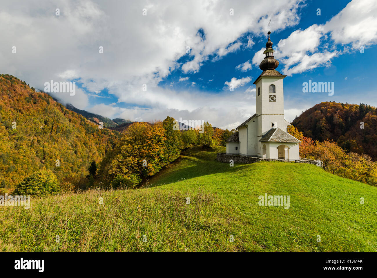 Undiscovered rural chapel or church in Slovenia mountains. Stock Photo