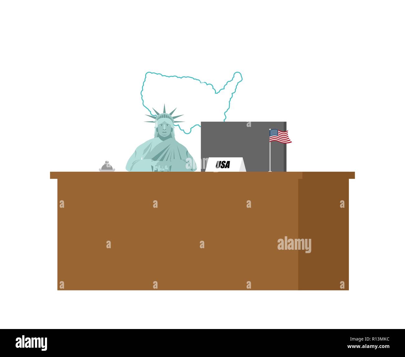 USA Reception and rack. Statue of Liberty welcomes guests. Acceptance of visitor in America. Vector illustration Stock Vector