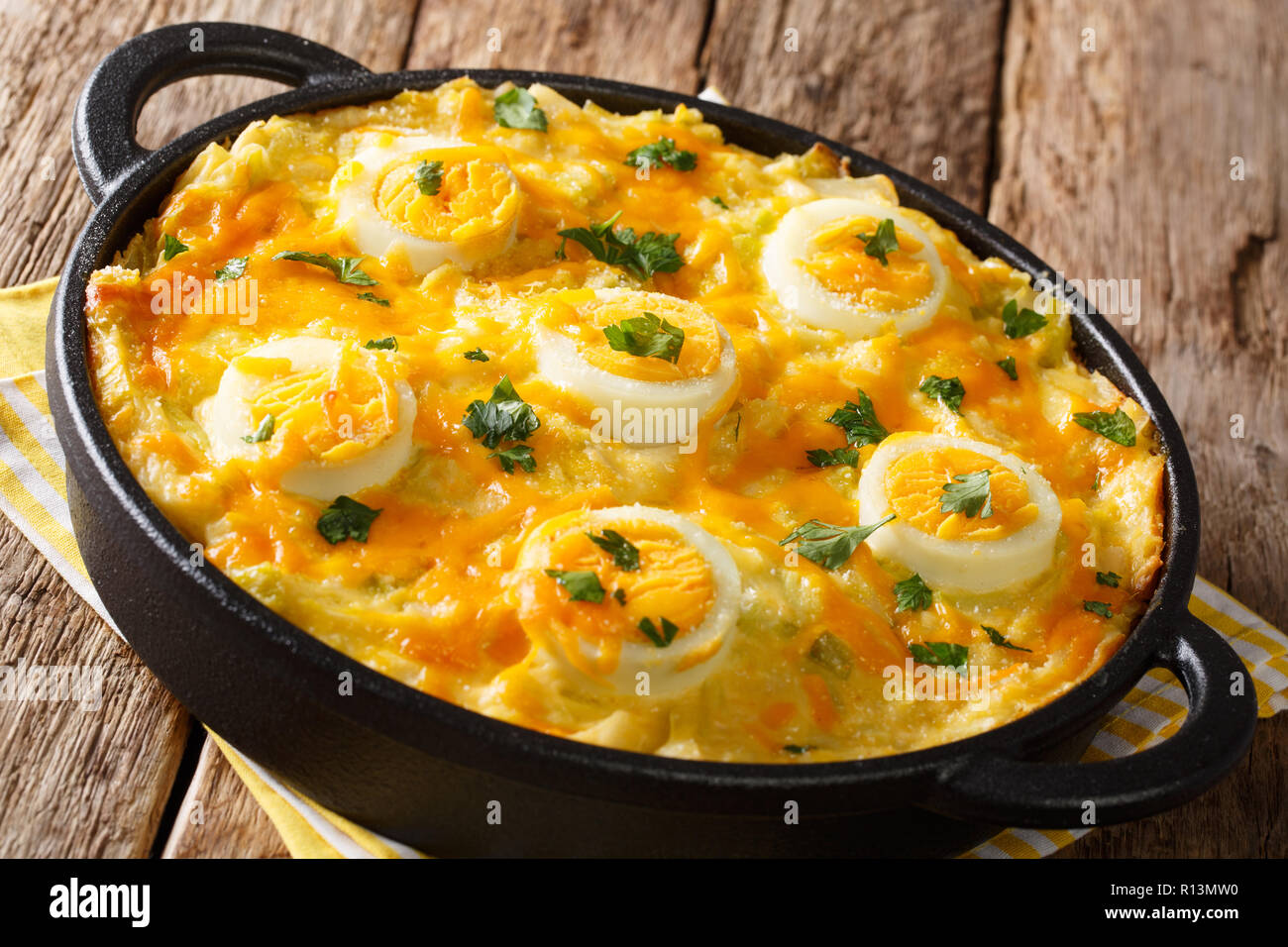 Welsh casserole Anglesey eggs baked with mashed potatoes, cheese sauce