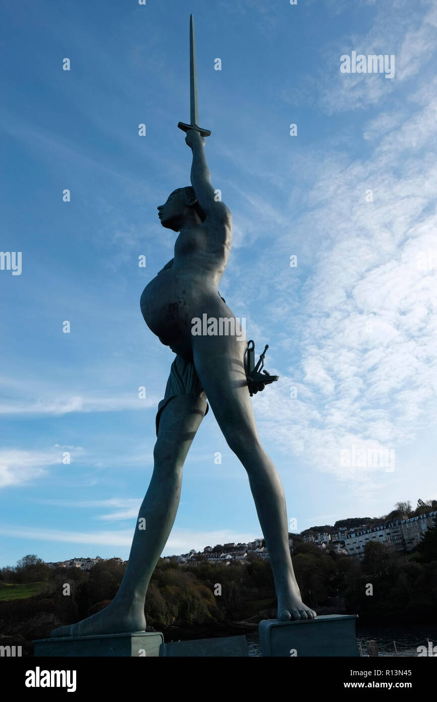 Verity statue by Damien Hirst in the mouth of Ilfracombe harbour North Devon Stock Photo