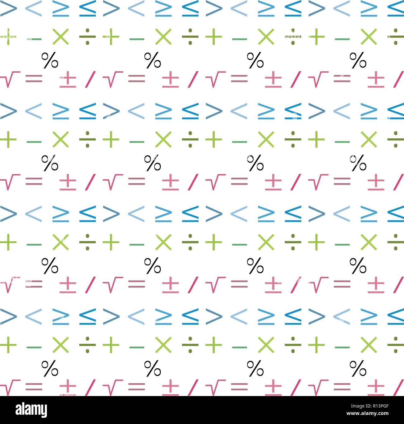 Mathematics geometric seamless pattern. Background from minus, plus, equal, not equal, division, multiplication, percent, equals,radical Stock Vector