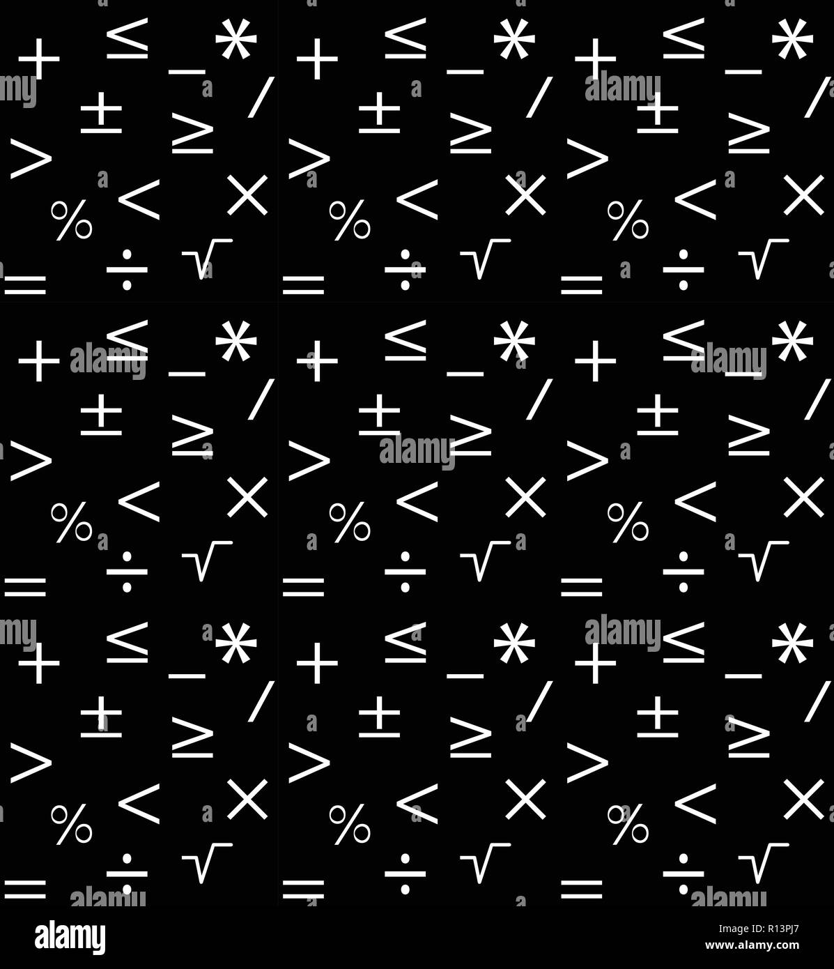 Mathematics geometric seamless pattern. Background from minus, plus, equal, not equal, division, multiplication, percent, equals,radical Stock Vector