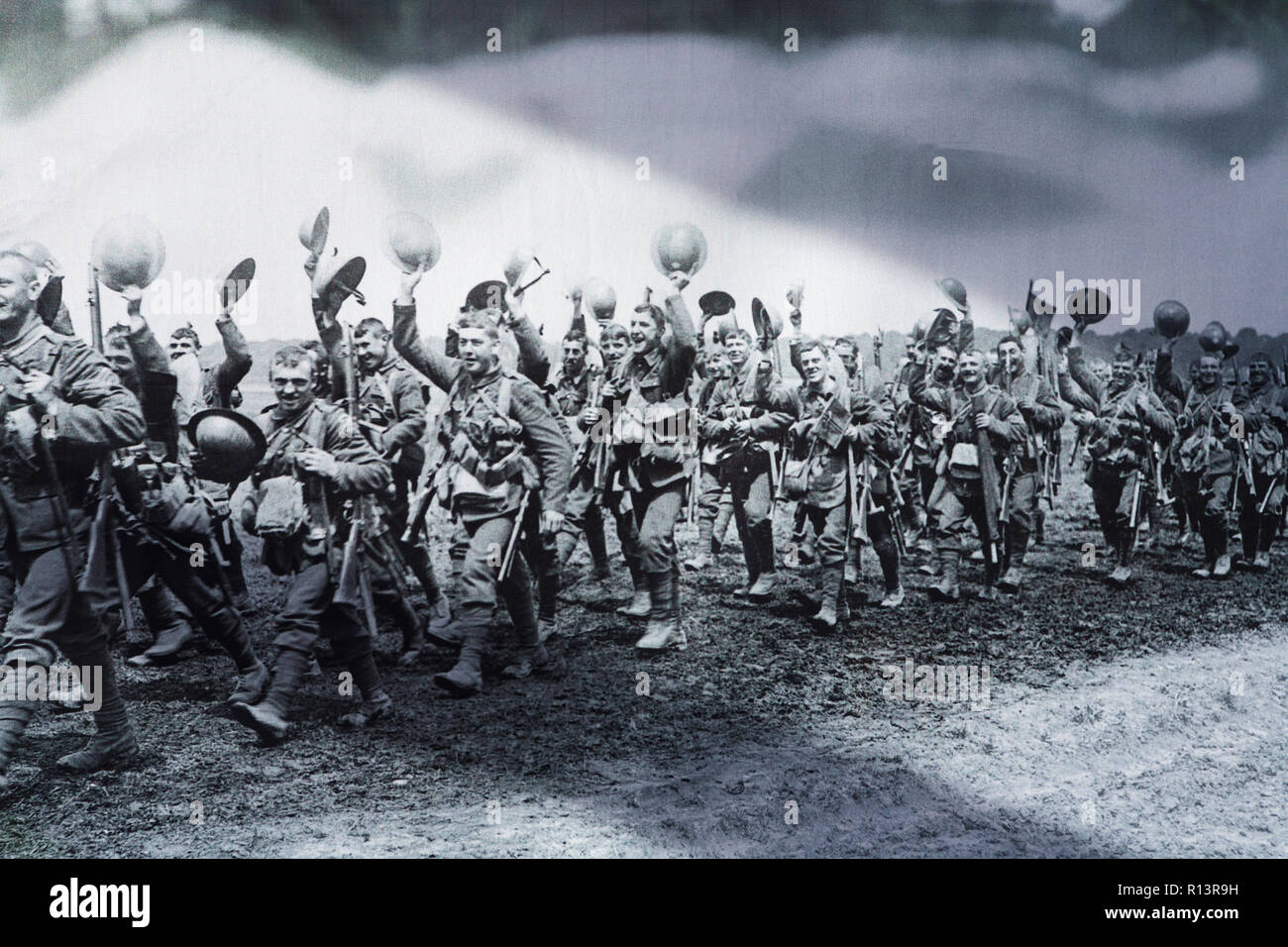 Tommies: WWI, First World War British troops marching on the Western Front. The Great War British soldiers marching. 1914 1918 Stock Photo