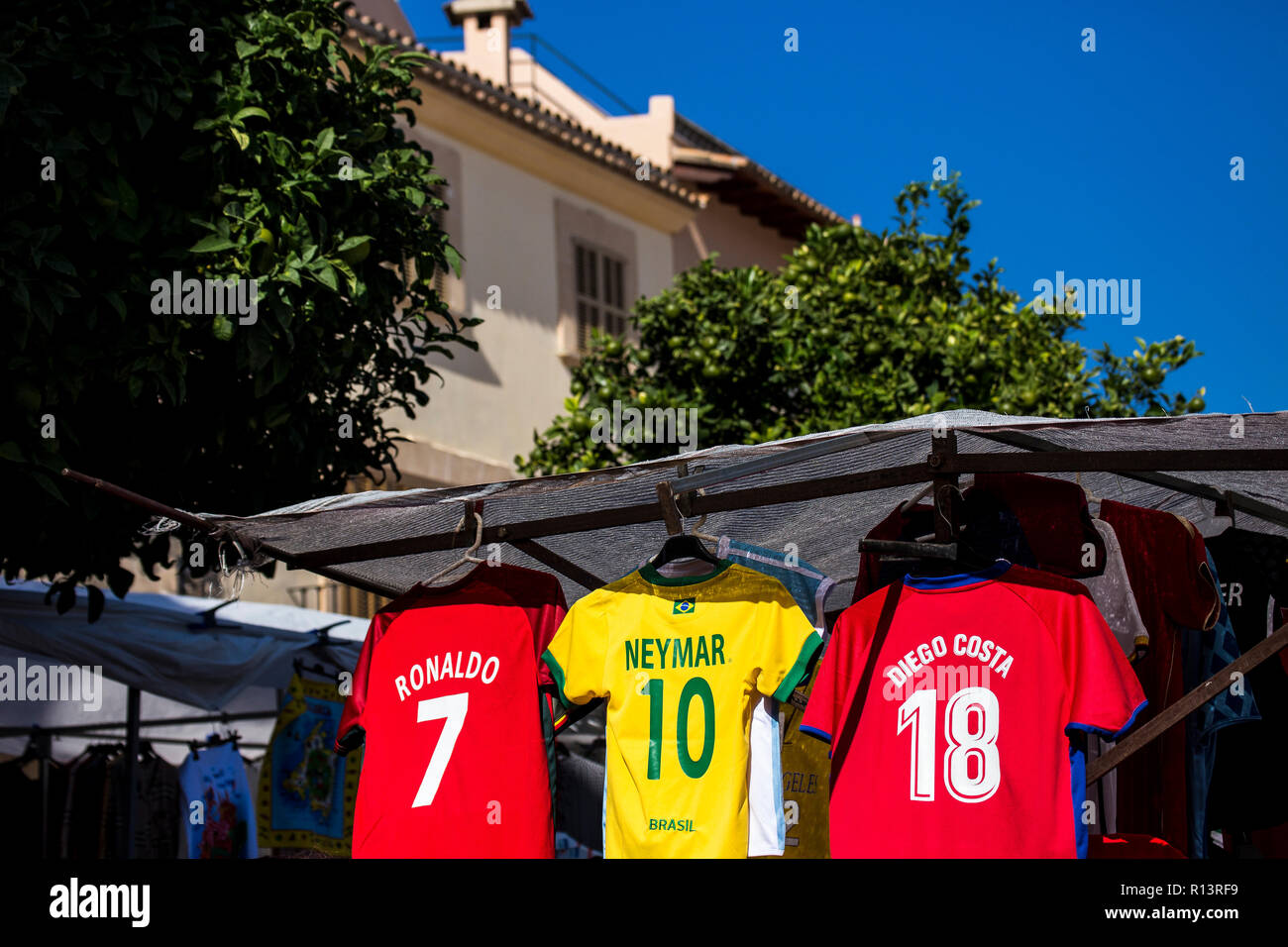 Football shirts for sale in Alcudia, Mallora Stock Photo