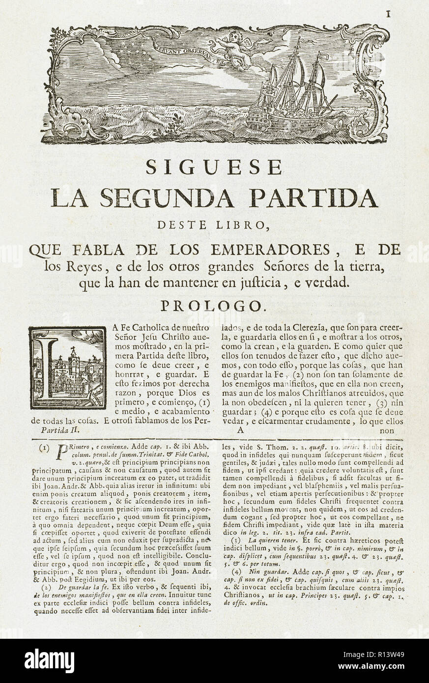 Alfonso X of Castile (1221-1284) The Wise. King of Castile, Leon and Galicia. The Siete Partidas 'Seven-Part Code', 1256.  Compiled of normative rules. One of the most important judicial works of the Middle Ages. Prologue of the 'Segunda Partida', dedicated to the temporal power. Copy edited in 1767. Stock Photo