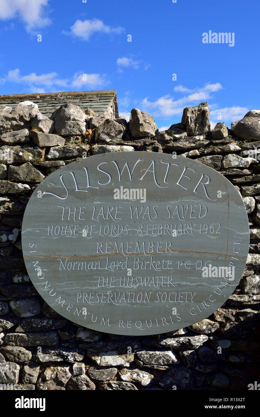 Memorial plaque, celebrating the Ullswater preservation Society,Norman Lord Birkett QC,Pooley Bridge,Lake District,England,UK Stock Photo