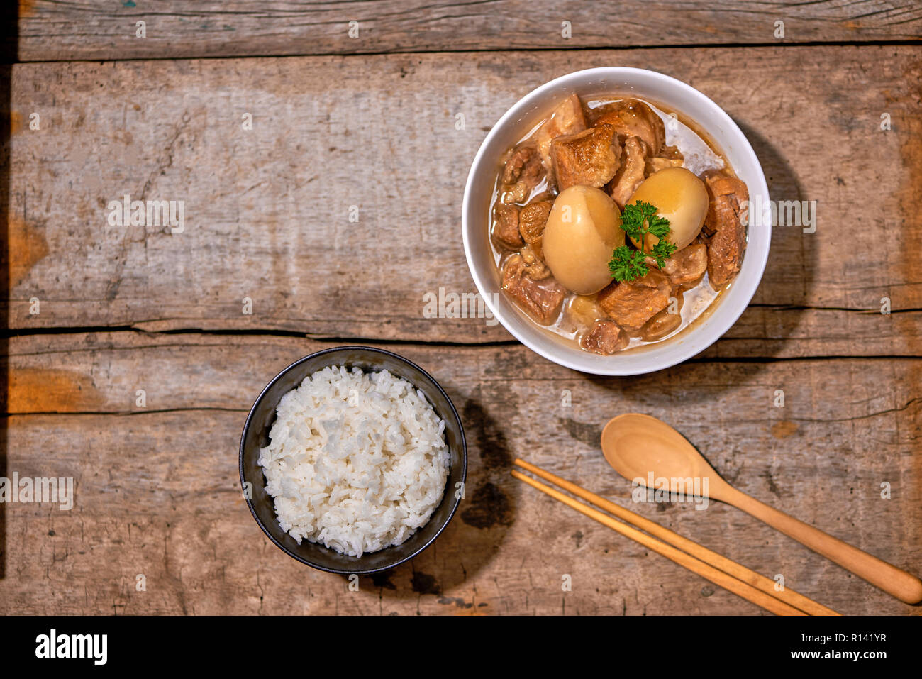 Taiwanese Cuisine. Braised pork and egg with rice. Stock Photo