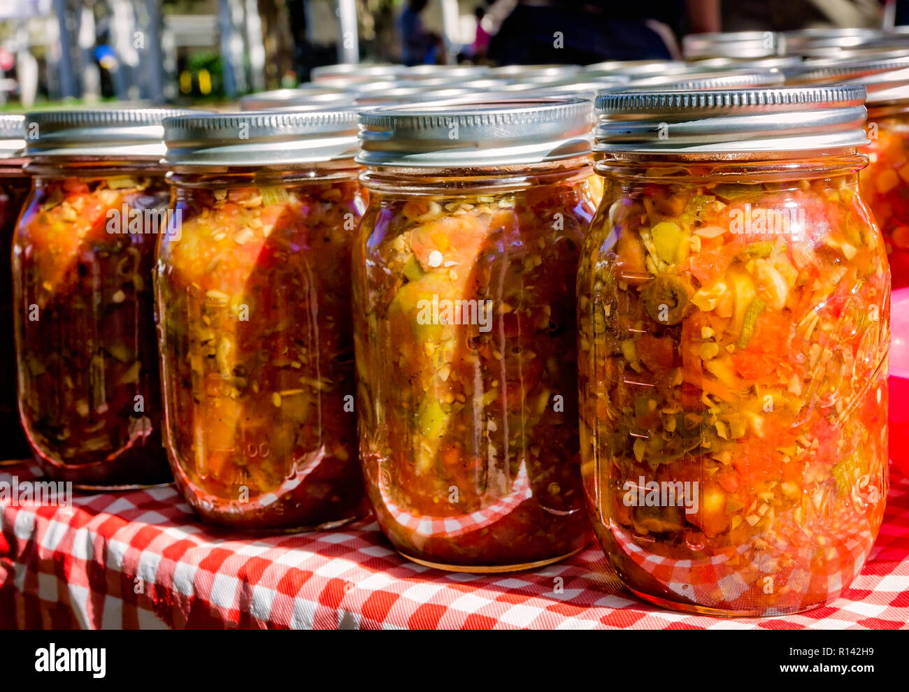 Preserves are sold in jars at Market in the Park in Cathedral Square, Nov. 3, 2018, in Mobile, Alabama. The event, held Saturday mornings Oct. 13-Nov. Stock Photo