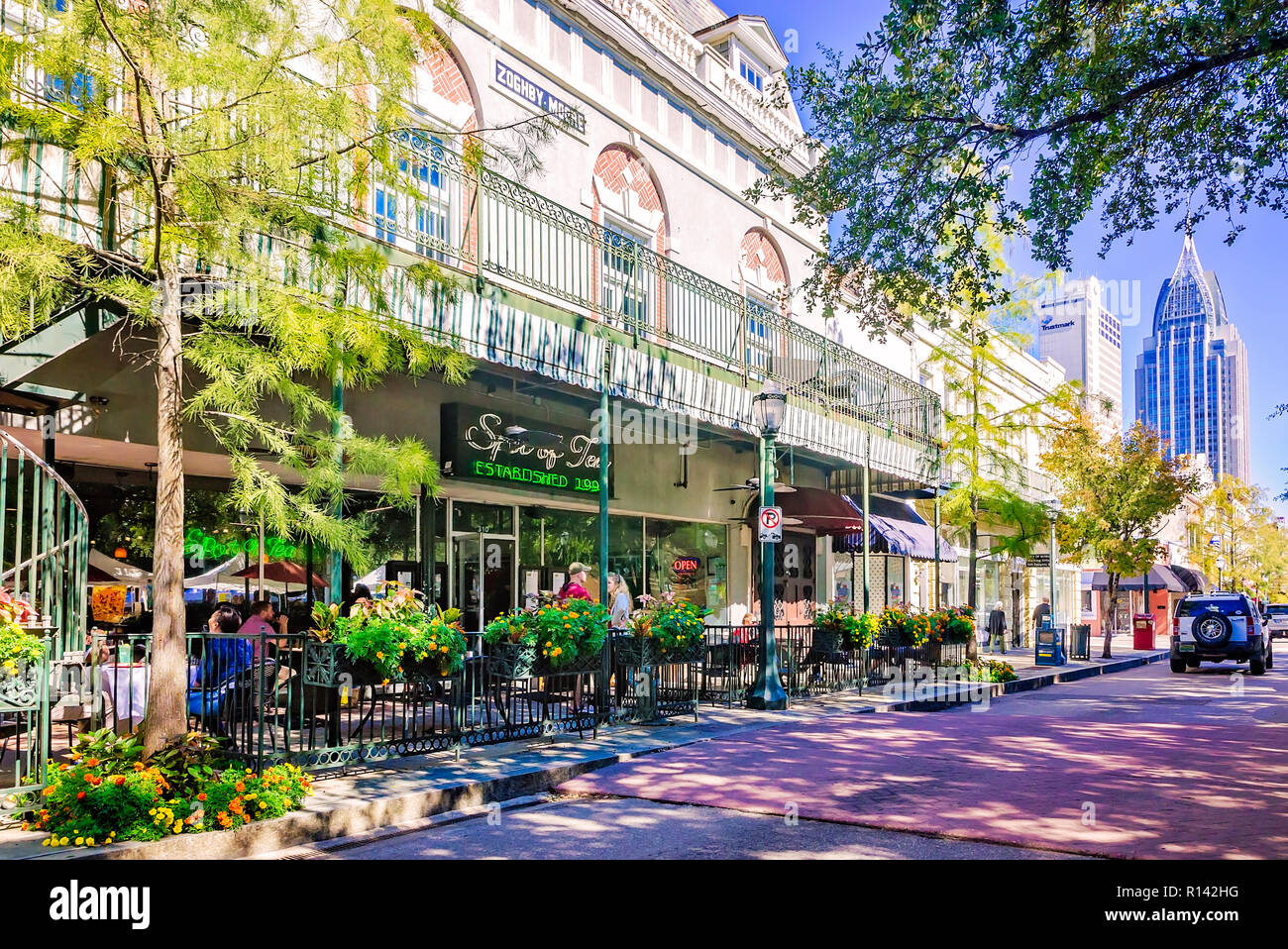 Diners hang out on Dauphin Street across from Spot of Tea, Nov. 3, 2018, in Mobile, Alabama. Stock Photo