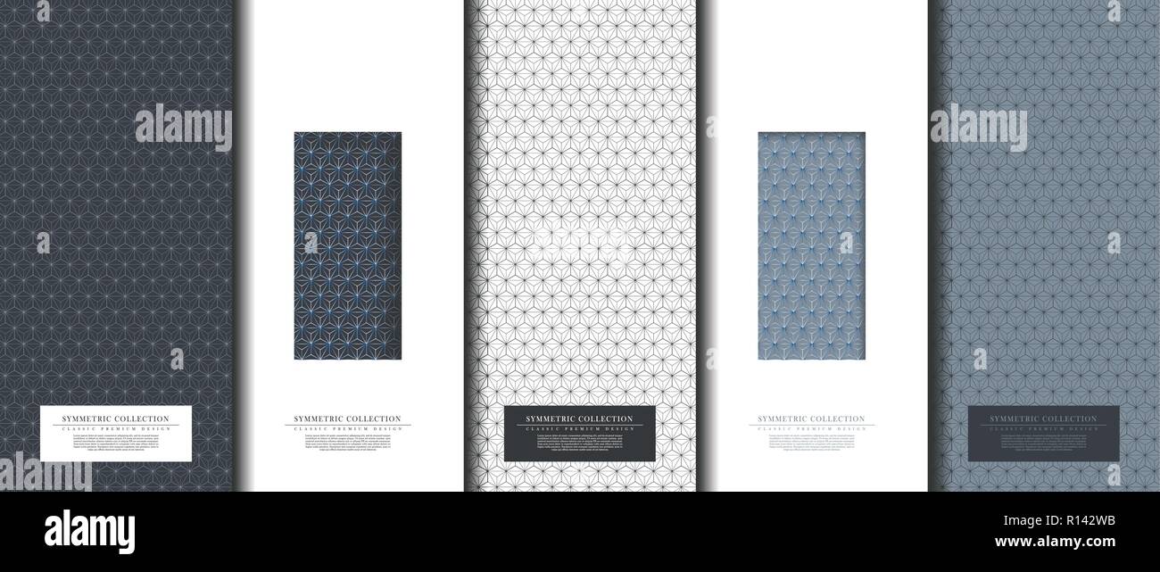 Symmetric collection abstract pattern hexagonal geometic navy blue background card template vector design Stock Vector