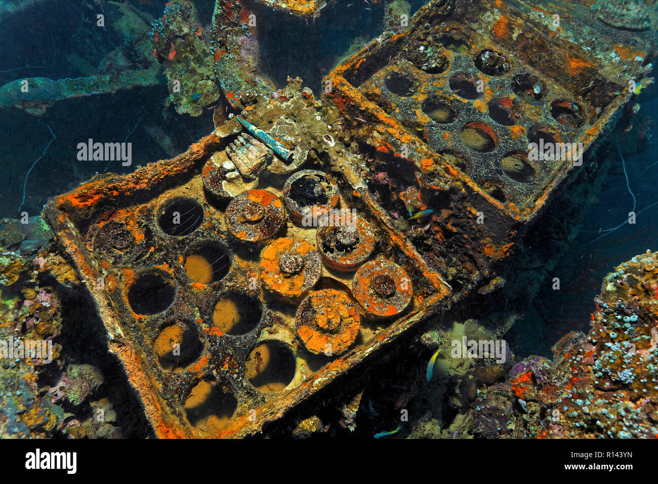 Armed munitions inside the Helmet wreck, a japanese Army Cargo Ship of the WW II, Palau, Micronesia Stock Photo