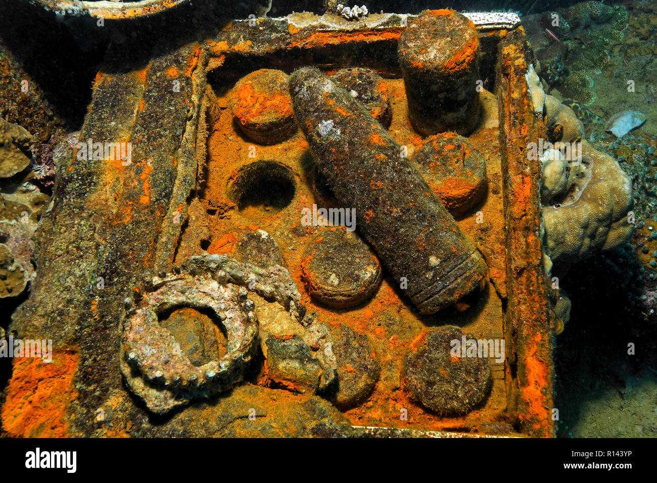 Armed munitions at shipping space of Helmet wreck, a japanese Army Cargo Ship of the WW II, Palau, Micronesia Stock Photo