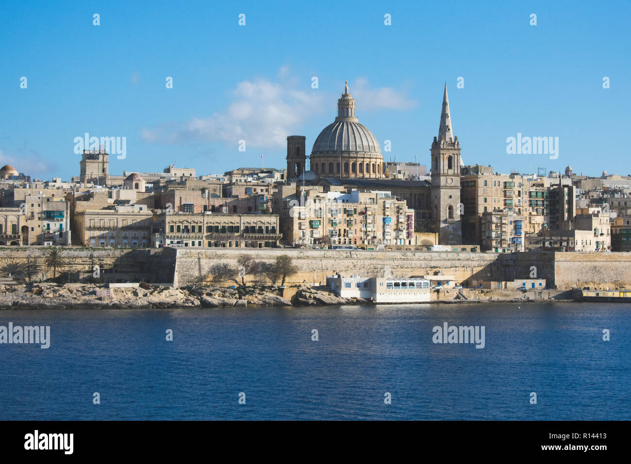 Views of Valletta from Sliema ferry terminal. Malta Stock Photo