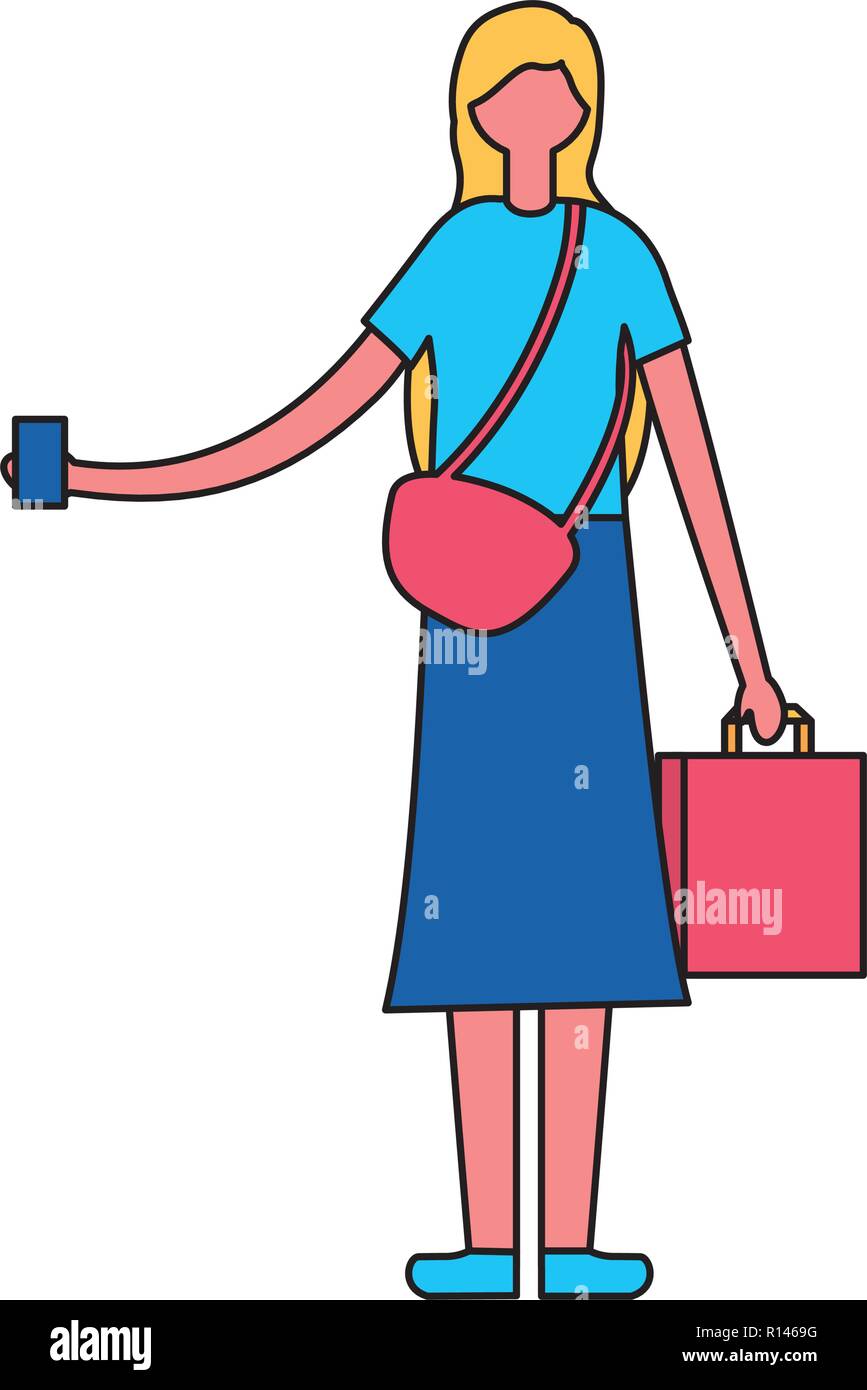 blonde woman with handbag and mobile vector illustration Stock Vector