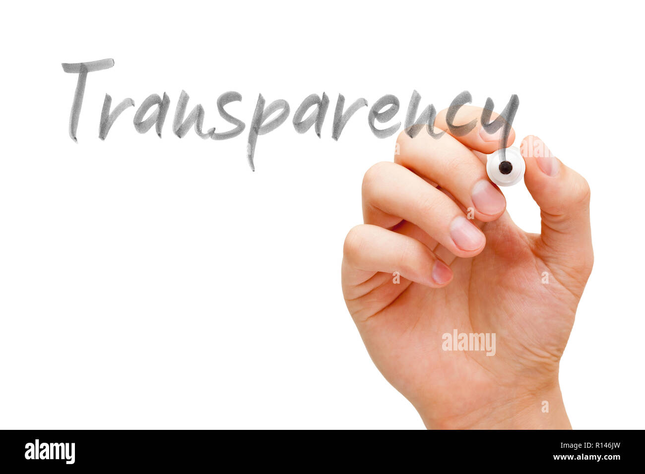 Hand writing the word Transparency with black marker on transparent wipe board isolated on white. Stock Photo