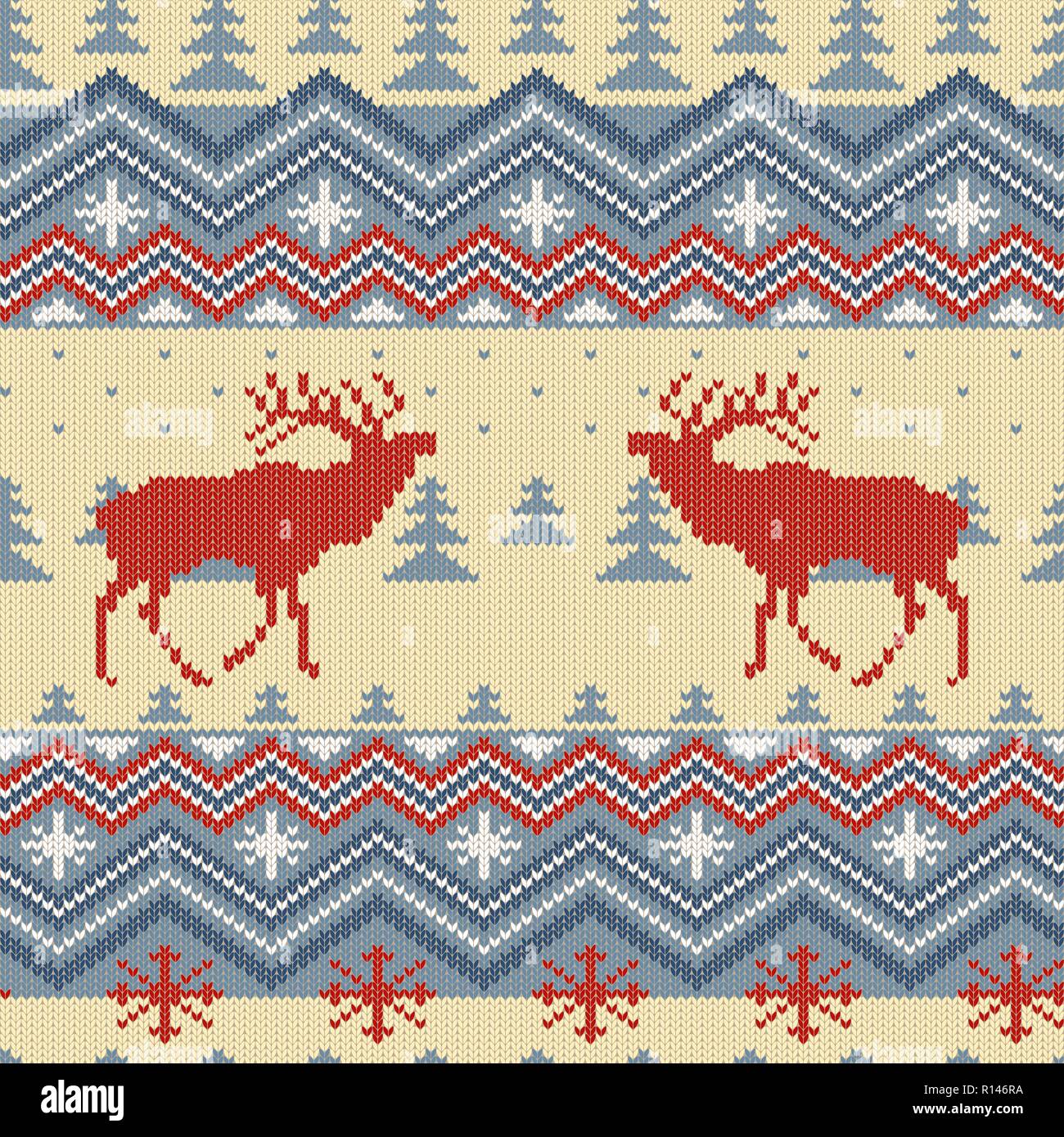 Winter knitted woolen seamless pattern with red deer in conifer forest Stock Vector