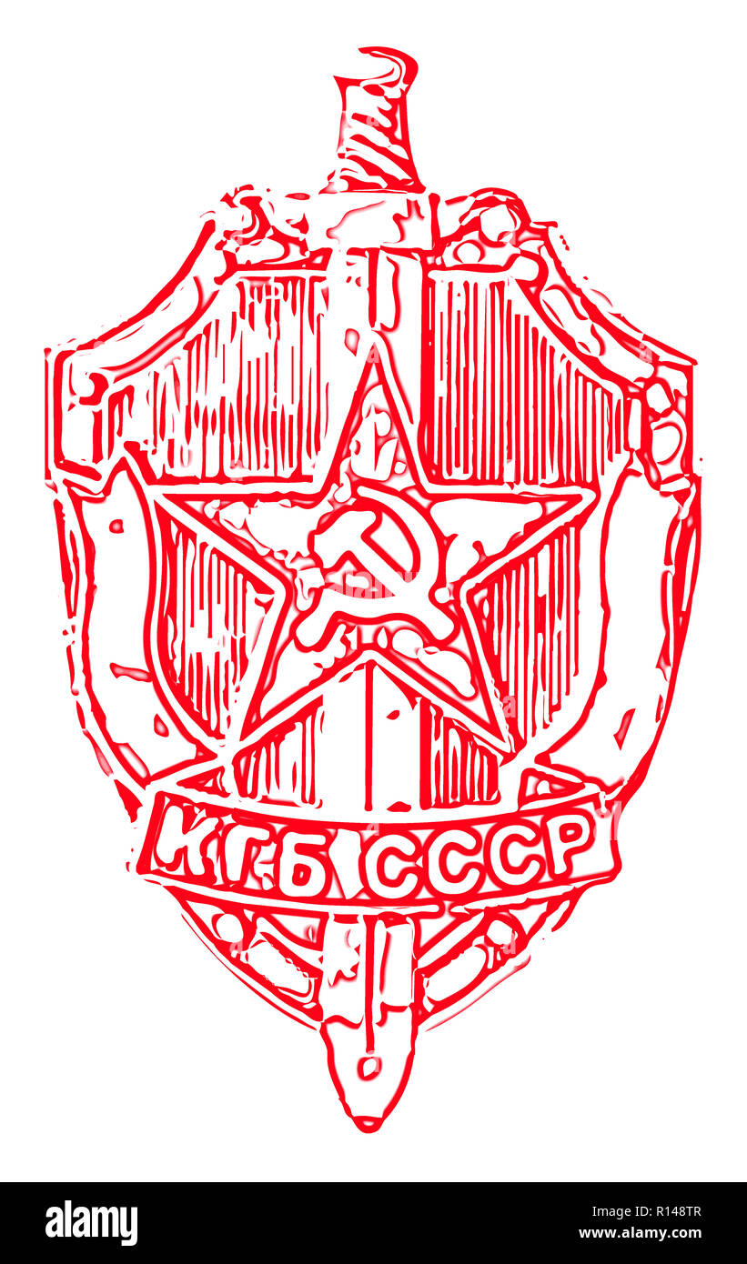 A red line drawing of the KGB badge over a white background Stock Photo