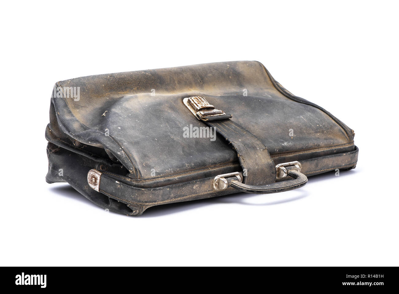 Retro briefcase, black leather flapover, covered with dust, isolated on white background with shadow Stock Photo