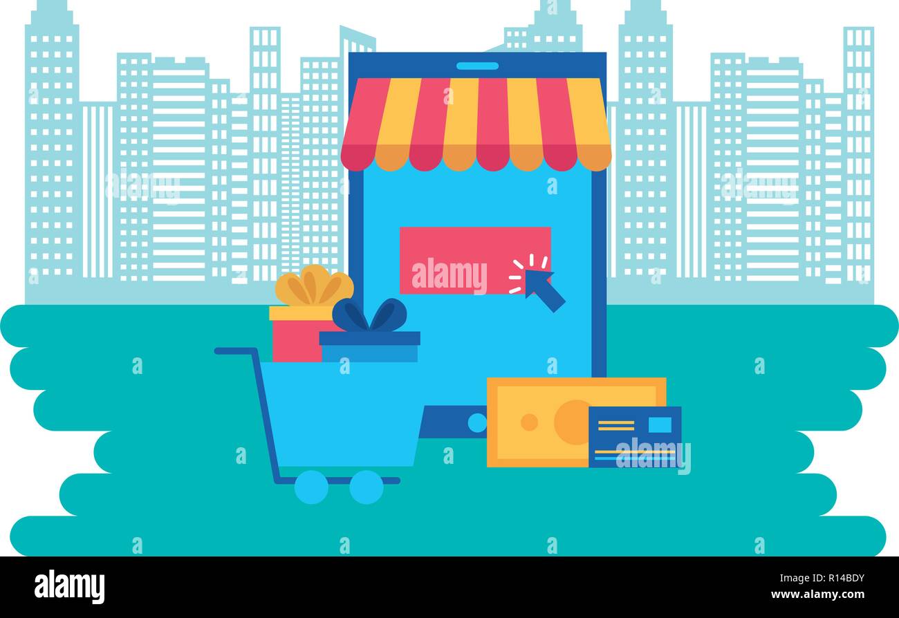 mobile cart and credit card money online shopping vector illustration ...