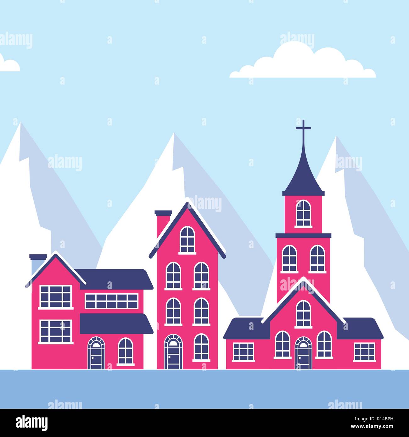 winter landscape houses church mountains vector illustration Stock ...