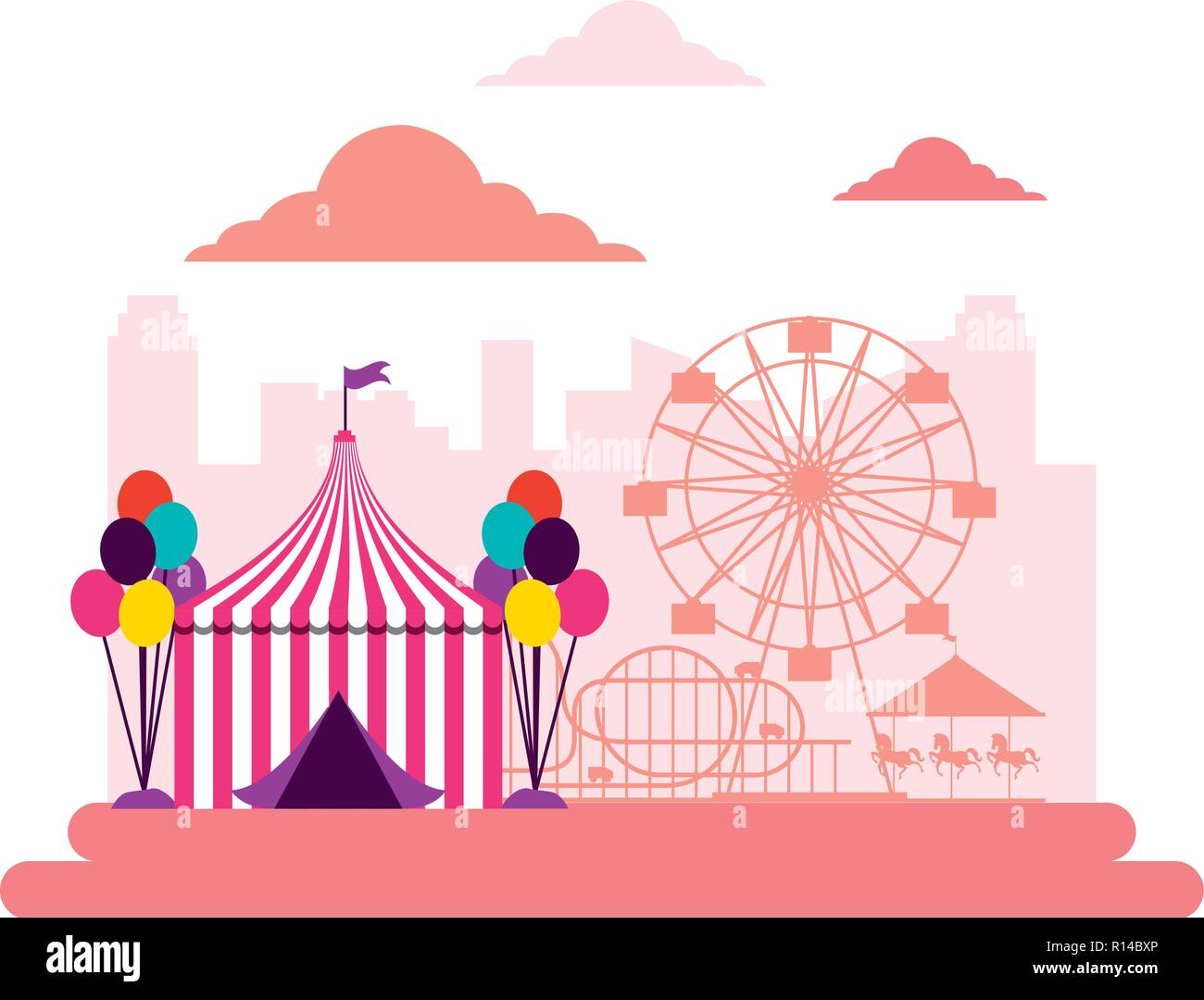 tent balloons ferris wheel roller coaster city fun fair carnival vector ...