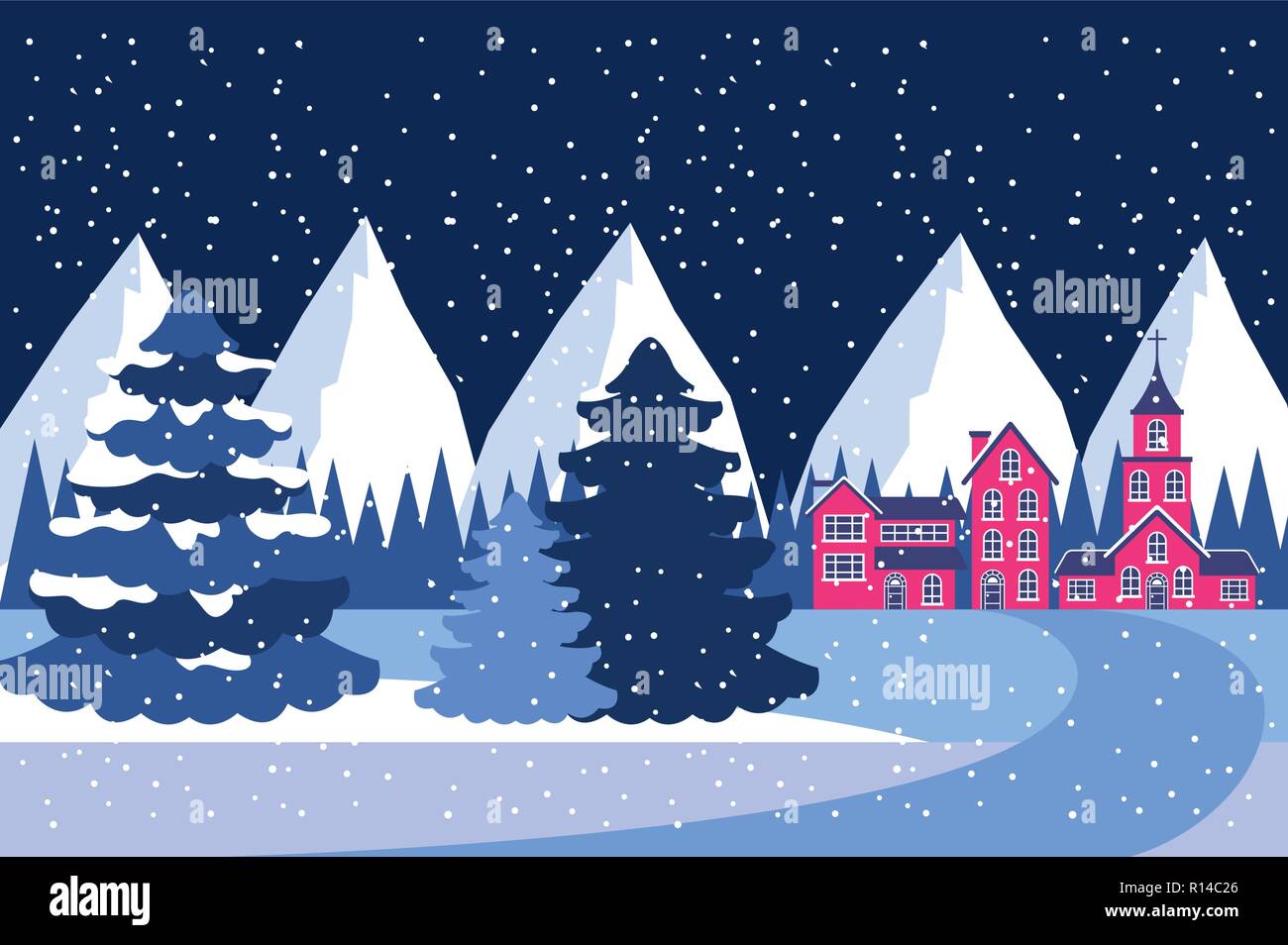 winter landscape village mountains and pine trees vector illustration ...