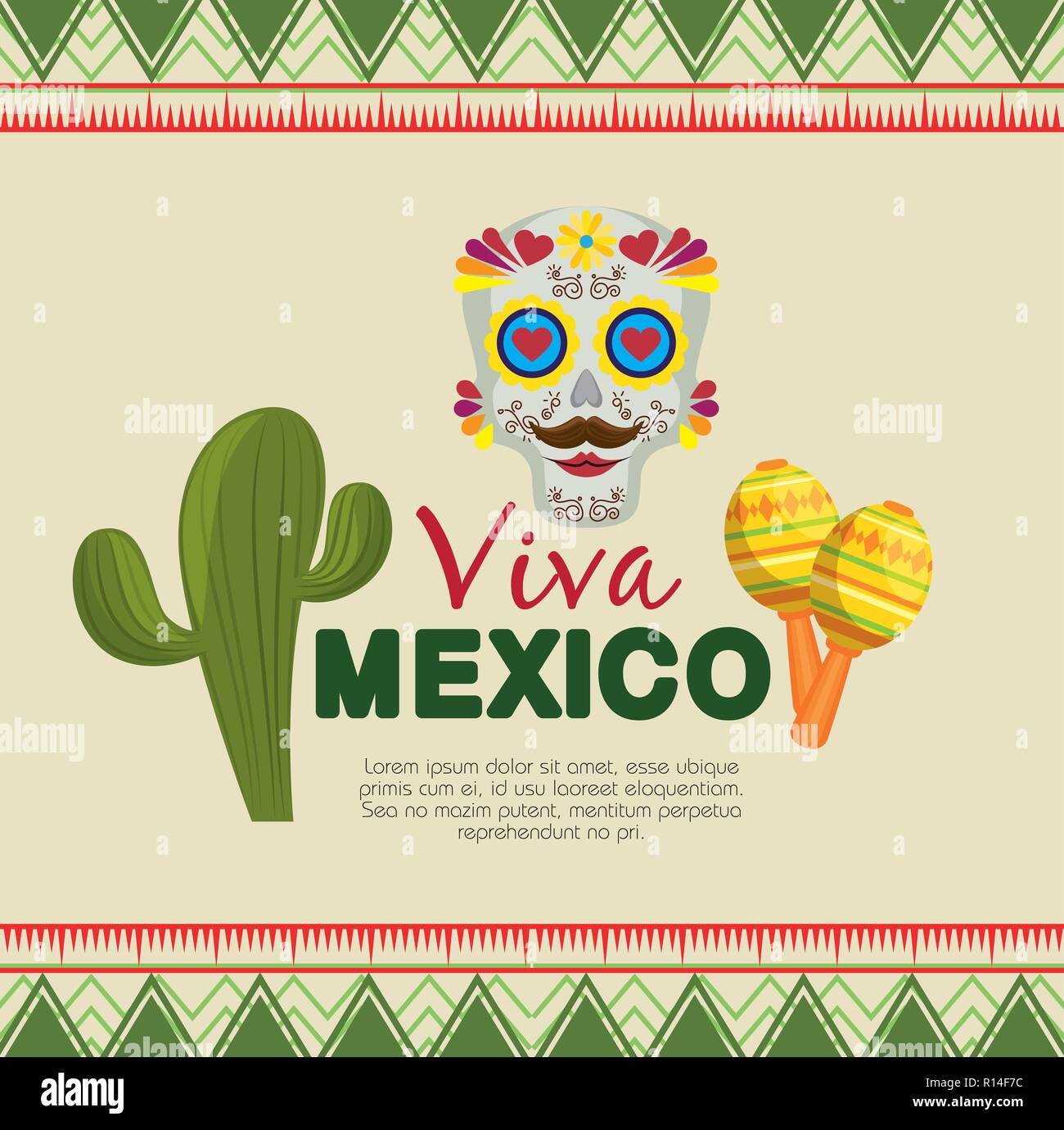 skull mask with cactus and maracas to event celebration vector