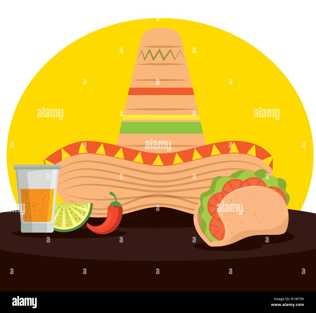 mexican tacos with tequila and hat to celebrate event vector