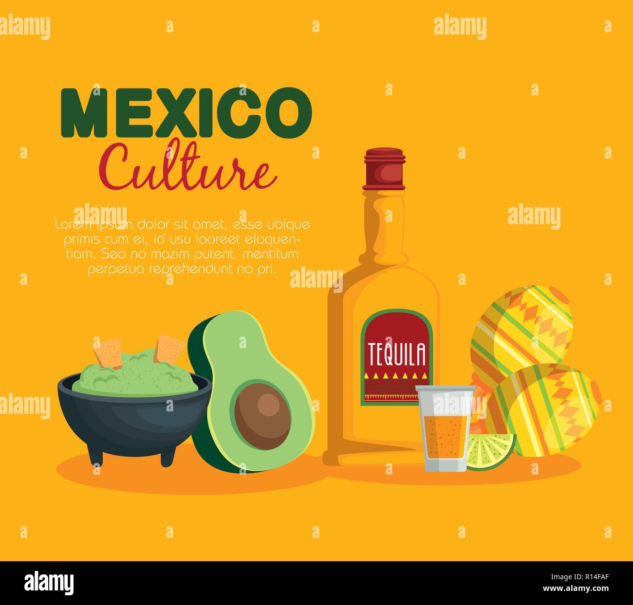 avocado sauce with tequila mexican food and maracas vector illustration ...