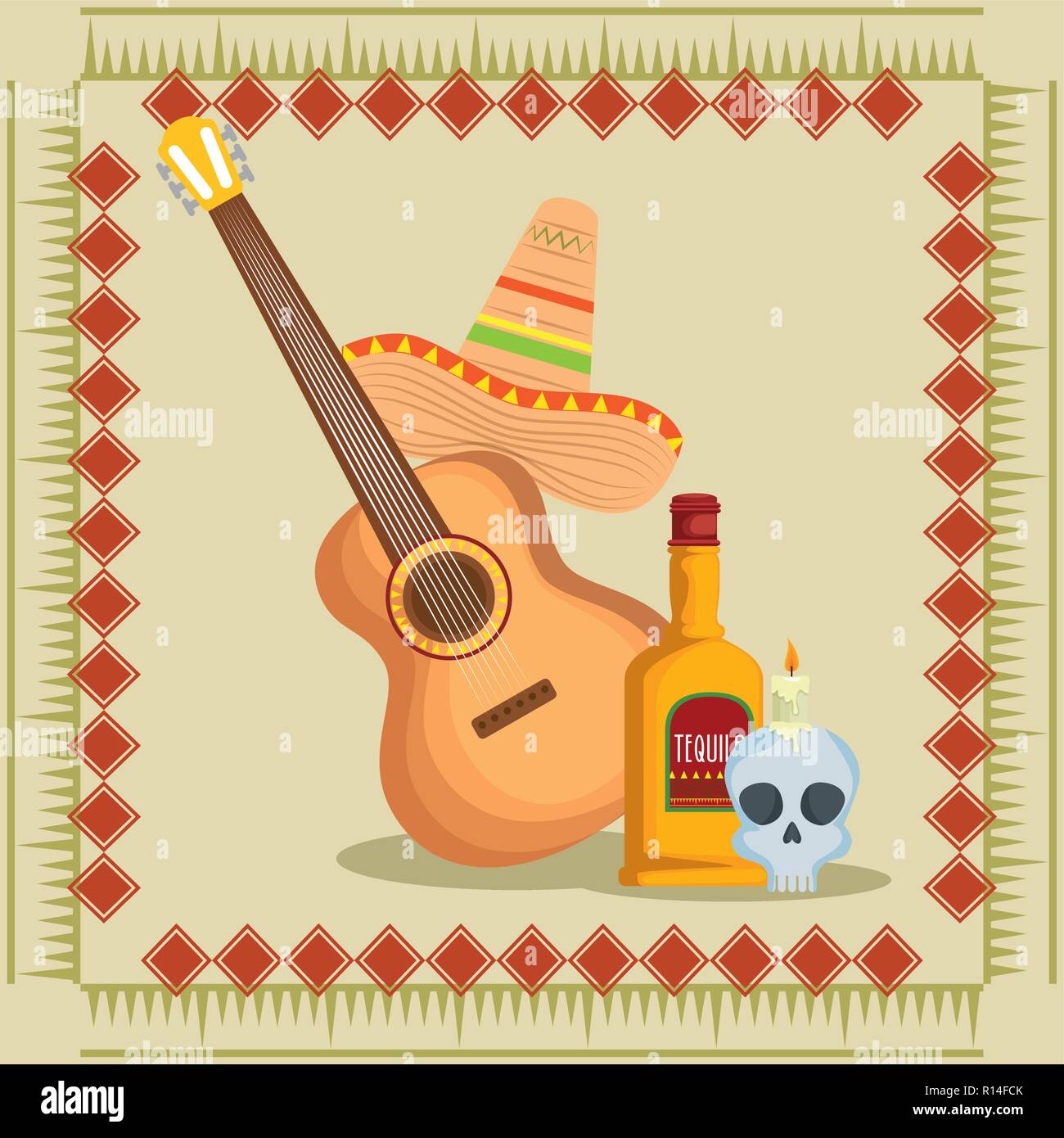 guitar with mexican hat and tequila to event vector illustration Stock ...