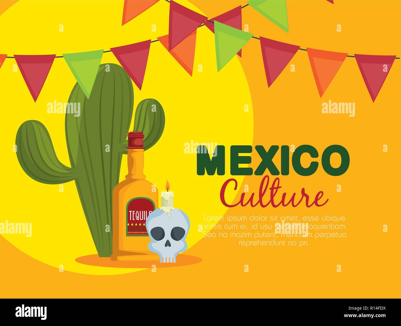 cactus with skull and tequila to traditional event vector illustration ...