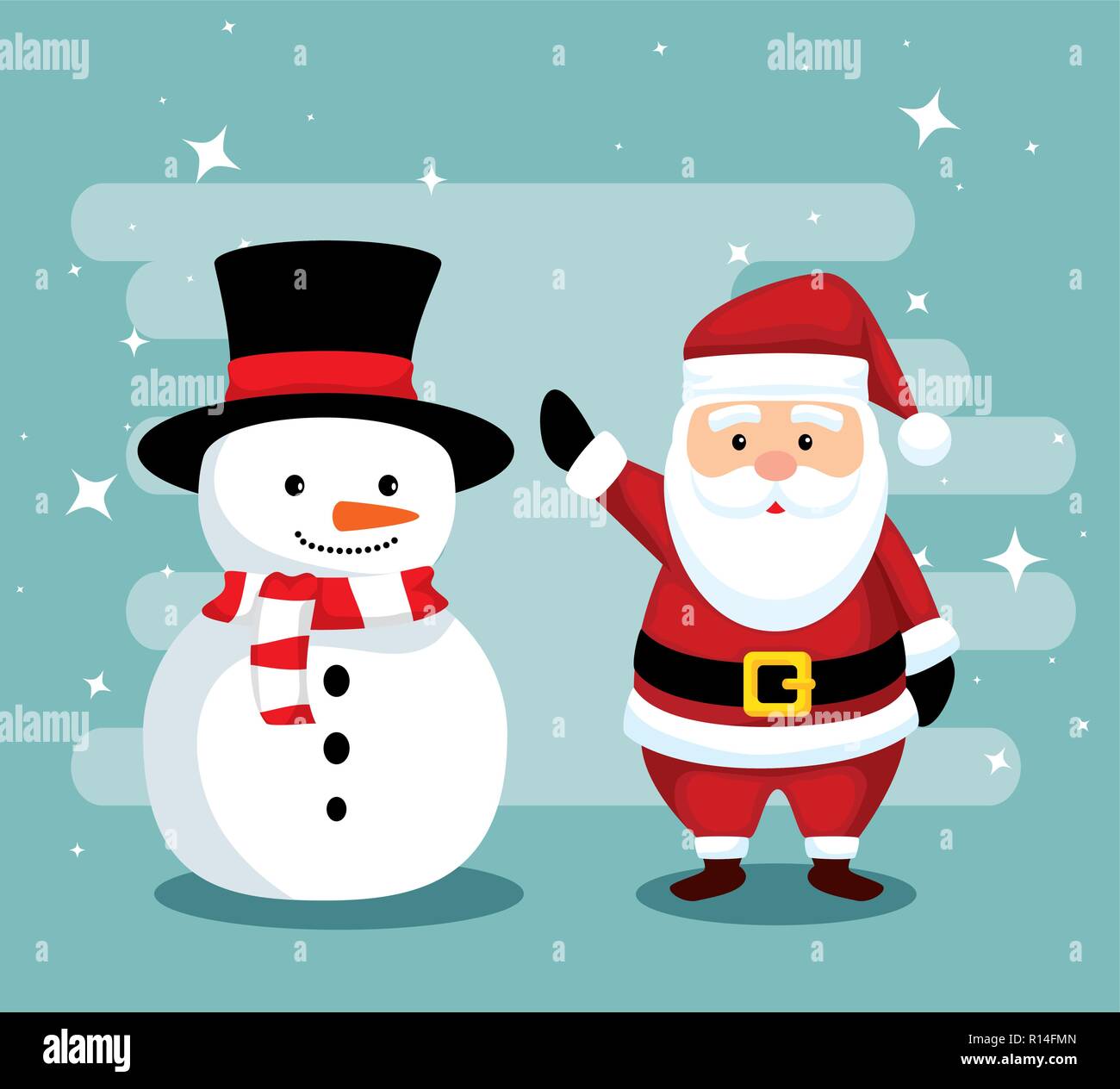snowman wearing hat and scarf with santa claus vector illustration ...