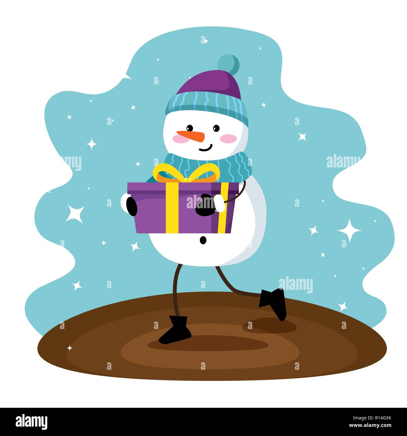 snowman wearing hat and scarf with christmas gift vector illustration ...