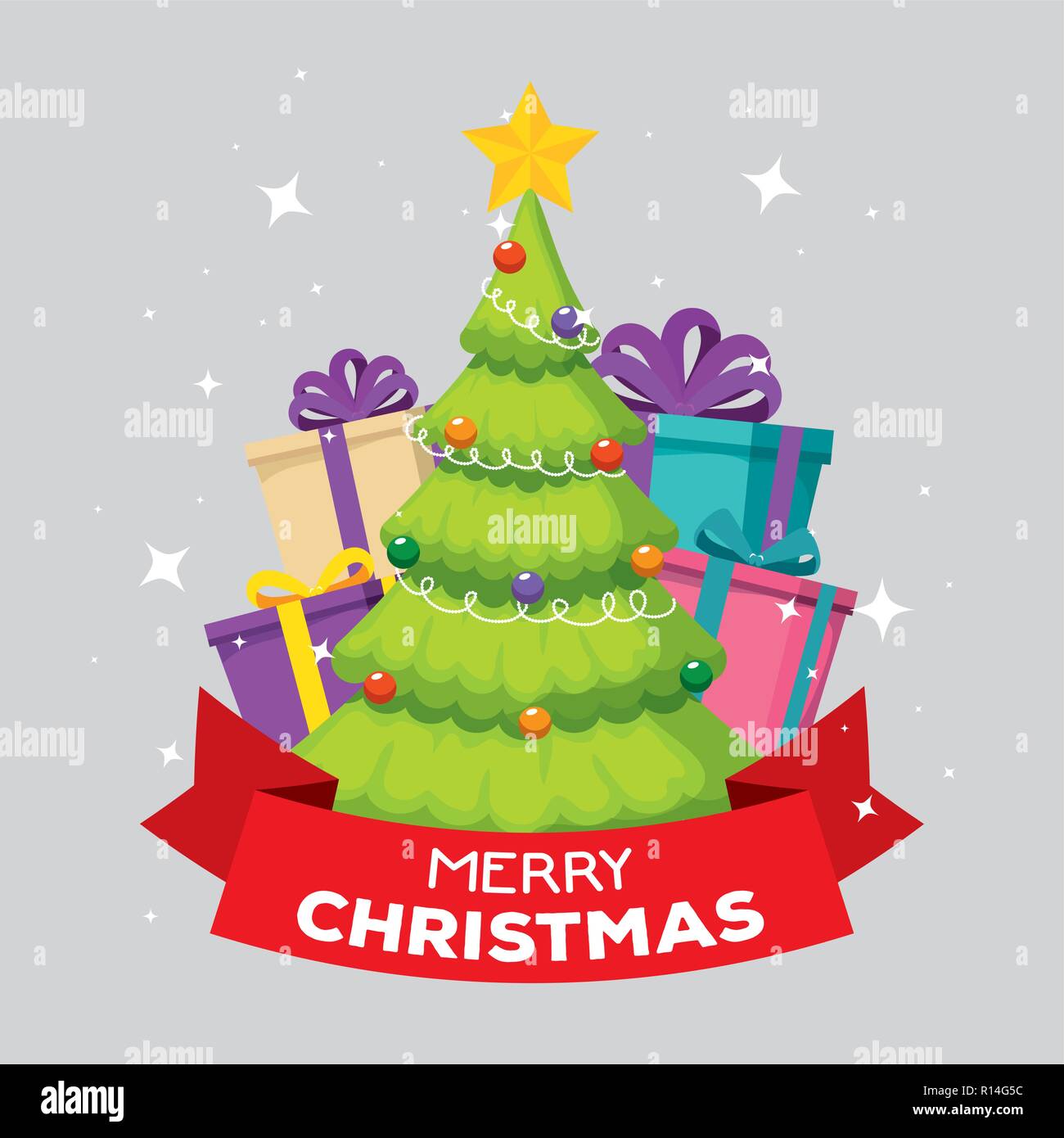 pine tree with star and balls to merry christmas vector illustration ...