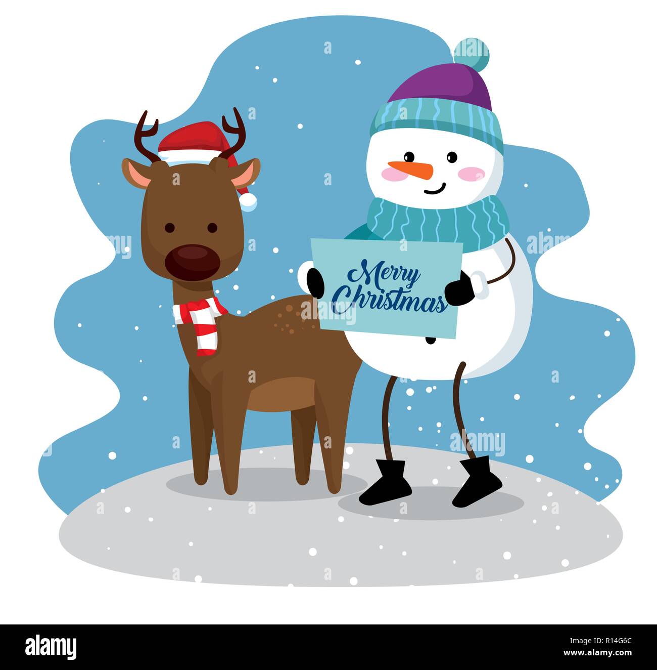 deer and snowman wearing hat and scarf with poster vector illustration ...