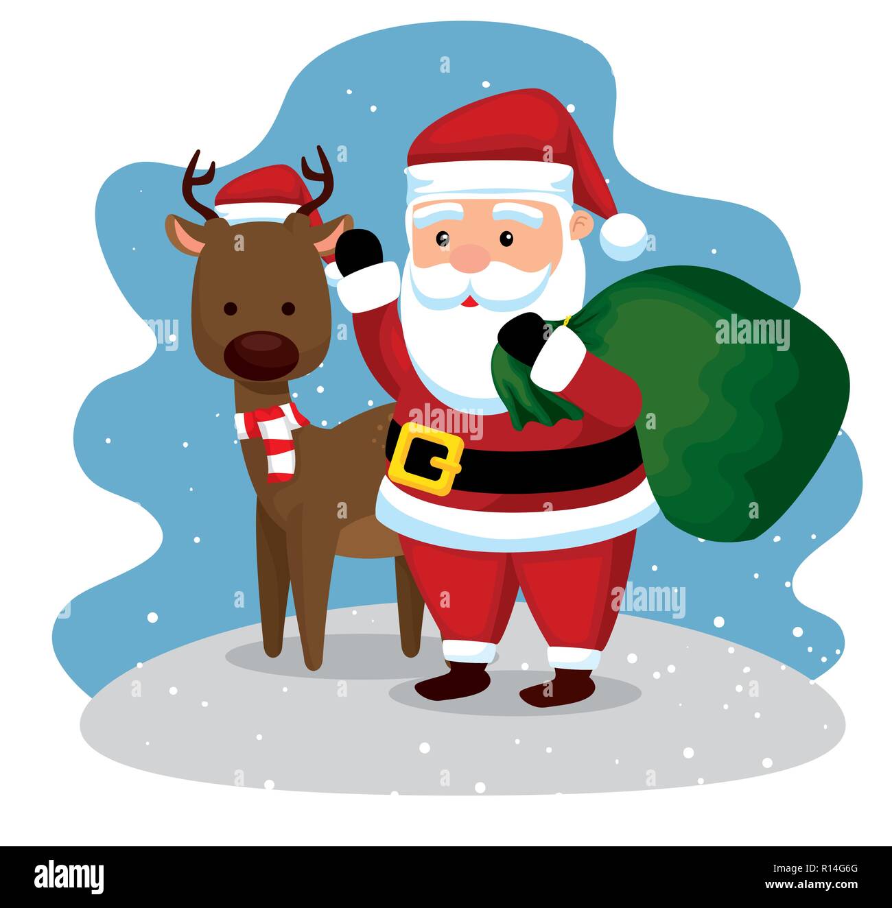 santa claus with bag and deer weraring hat vector illustration Stock ...